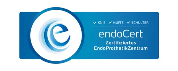 Blaues Logo mit weißem Kreis und stilisiertem Buchstaben e daneben der Text 'endoCert Zertifiziertes EndoProthetikZentrum' und den Stichpunkten 'Knie', 'Hüfte', 'Schulter'