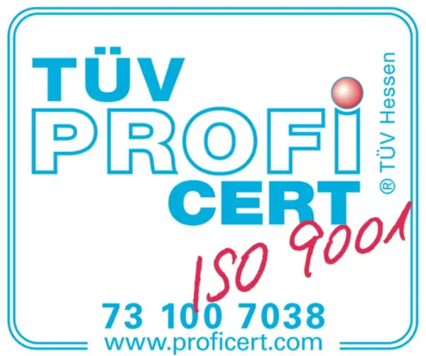 Logo mit dem Text 'TÜV PROFI CERT', handschriftlich ergänzt mit 'ISO 9001'