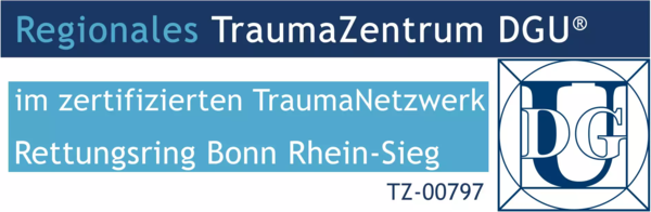 Logo des Regionalen TraumaZentrums DGU mit Text zu Zertifizierung im TraumaNetzwerk Rettungsring Bonn Rhein-Sieg