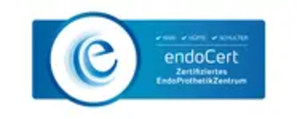 Blau-weißes Logo mit stilisiertem Buchstaben e und Text 'endoCert Zertifiziertes EndoProthetikZentrum'