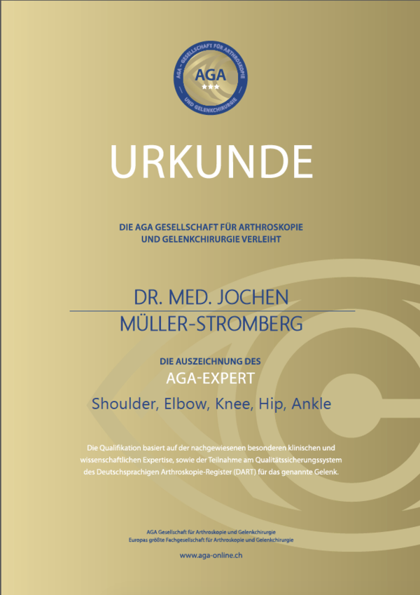 Urkunde der AGA Gesellschaft für Arthroskopie und Gelenkchirurgie für Dr. med. Jochen Müller-Stromberg als AGA-Experte für Schulter, Ellbogen, Knie, Hüfte und Sprunggelenk