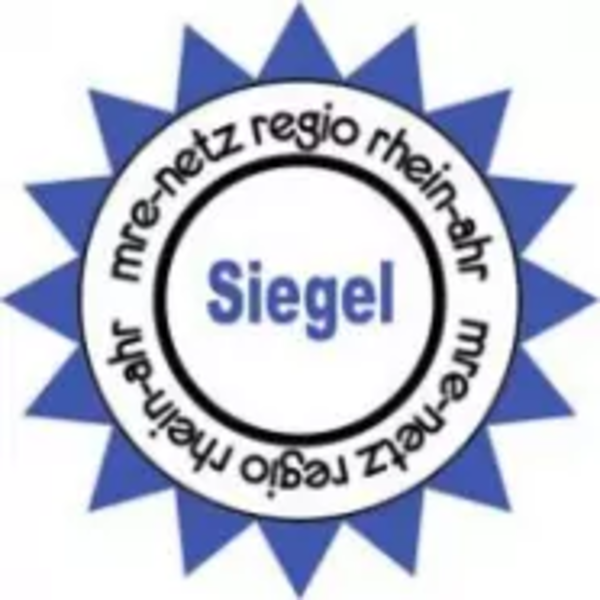 Rundes blaues Siegel mit dem Text 'mre-netz regio rhein-ahr' im Kreis und 'Siegel' in der Mitte