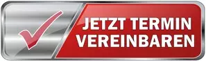 Rot-weißes rechteckiges Schild mit Häkchen und dem Text 'JETZT TERMIN VEREINBAREN'
