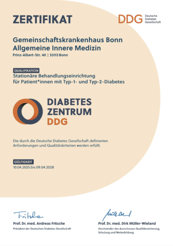 Zertifikat der Deutschen Diabetes Gesellschaft für das Gemeinschaftskrankenhaus Bonn Allgemeine Innere Medizin als Diabeteszentrum DDG