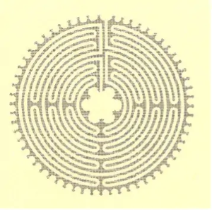 Schwarz-weiße Linienzeichnung eines kreisförmigen Labyrinths mit einem zentralen vierblättrigen Muster