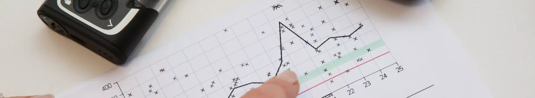 Hand zeigt auf ein Diagramm mit Linien- und Punktverbindungen auf einem Blatt Papier