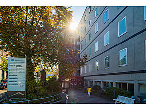 Mehrstöckiges Gebäude mit mehreren Fenstern neben einem Baum und einem Schild am Gehweg bei Sonnenschein