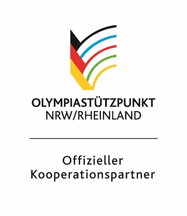 Logo mit stilisierten, farbigen Linien in Schwarz, Rot, Blau, Grün und Gelb über dem Text 'OLYMPIASTÜTZPUNKT NRW/RHEINLAND' und darunter 'Offizieller Kooperationspartner'
