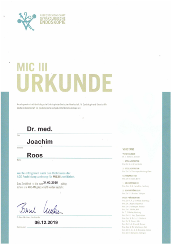 Urkunde mit dem Titel 'MIC III URKUNDE' für Dr. med. Joachim Roos